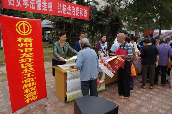 龍圩區(qū)總工會在2015年3月開展迎&ldquo;三八&rdquo;婦女維權(quán)月普法活動，以&ldquo;婦女法治懂維權(quán)，頌揚法治促和諧&rdquo;為指導(dǎo)思想，開展了以&ldquo;